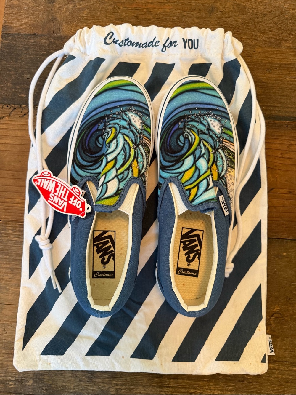 Customs Vans Slip-Ons - Ocean Wave Design
